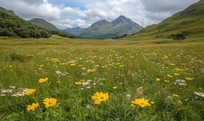Fototapeta premium Vibrant Wildflower Meadow and Majestic Mountain Landscape