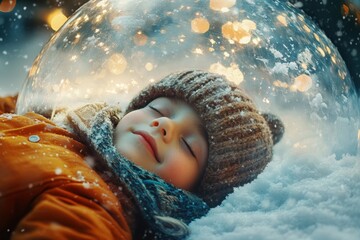 Happy little child boy lying in snow with big snow globe. Happy winter holidays concept. Place for text of positive news, advertising