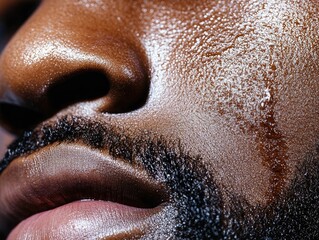 Close-up of a Black man's cheek with facial hair, visible sweat and skin texture, high contrast lighting.