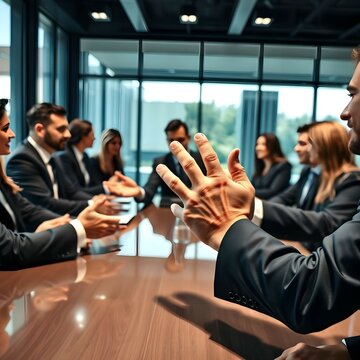 Un hombre levanta la mano durante una acalorada discusi&oacute;n en una sala de conferencias.