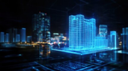 A hologram of an office building floating in the air, surrounded by skyscrapers against a dark background, Augmented reality for architectural design, AR construction and construction safety