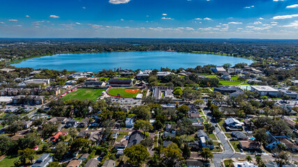 Lakeland, FL, USA - 02-23-2025:  Winter aerial image of the City of Lakeland, FL, Munn Park Historic District.