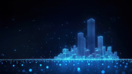 Fototapeta premium 3D rendered glowing city skyline with digital skyscrapers on a dark background, symbolizing futuristic urban development, AR construction and construction safety concept