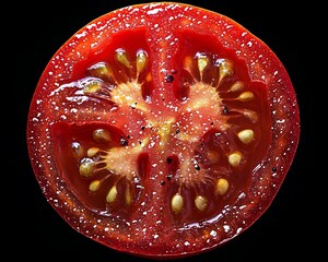 Close-up tomato slice on black
