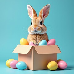 Cute Brown Easter Bunny in Cardboard Box with Pastel Eggs on Blue Background