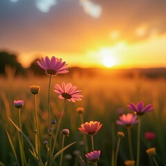 Fototapeta premium Pink Wildflowers in Golden Sunset Field