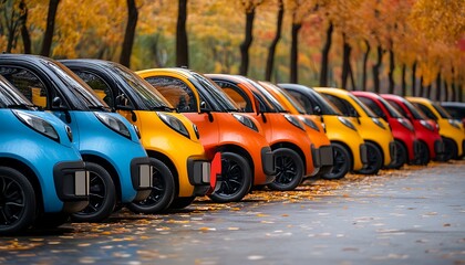 Colorful EVs Parked Row Autumn Trees