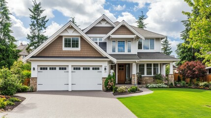 Elegant two-story home with a white exterior, brown accents, and a neatly paved driveway