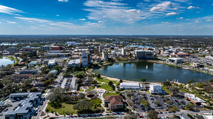 Lakeland, FL, USA - 02-23-2025:  Winter aerial image of the City of Lakeland, FL, Munn Park Historic District.