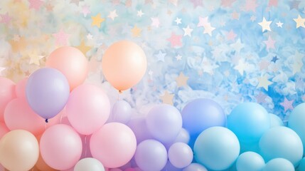 Enchanting celebration backdrop featuring pastel balloons and a dreamy star pattern