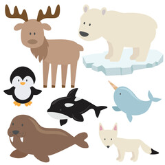 Cute Arctic animals collection vector cartoon illustration