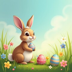 Vibrant Easter Scene: Rabbit Holding Eggs Amidst Colorful Flowers and Green Grass Against a Bright Blue Sky. A cartoon rabbit holding an easter egg in a grassy field.