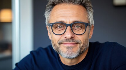 Obraz premium Elevate your brand with a powerful business branding portrait Capture the essence of a confident man, smiling, exuding professionalism His clean style and modern glasses reflect innovation and