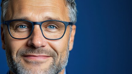 Obraz premium Elevate your brand with professional imagery a Smiling man with polished glasses and sleek hairstyle, radiating confidence Clean background ensures focus on the subject, enhancing his professional