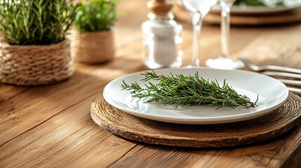 A beautifully decorated dinner table with fresh rosemary herb