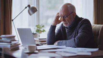 Naklejka premium Retirement financial stress in a quiet study room. Featuring uncertainty and concern