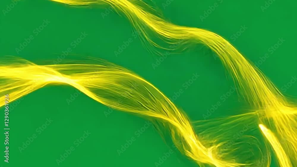 Poster glowing yellow particles swirling dynamically across lush green background, generating fluid motion 
