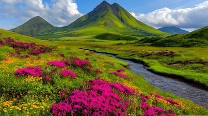 Lush green valley, stream, wildflowers, volcanic mountains, scenic landscape, travel poster