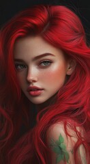 Naklejka premium Portrait of a young attractive woman with a very lush hairstyle. Red hair