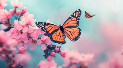 Vibrant Monarch Butterflies Resting on Blossoming Pink Cherry Flowers in a Dreamy Soft Background