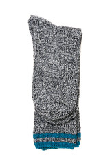 Top view of grey woolen winter socks on white background