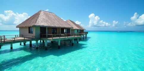 Crystal clear lagoon, tranquil overwater bungalow, fish, travel