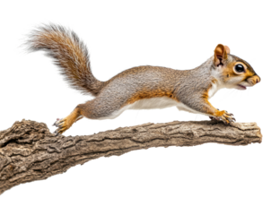 Squirrel attentively perches on a textured tree branch, its bushy tail prominently displayed isolate on transparent background
