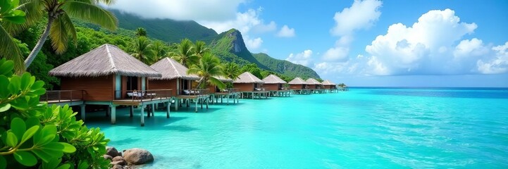 Fototapeta premium Overwater bungalows, crystal clear lagoon, lush vegetation , blue, water