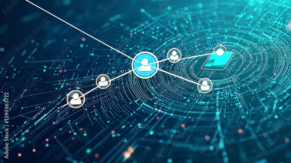 Poster digital data processing with lock and key icons symbolizing cybersecurity and tech advancements, nke