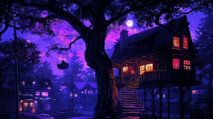 Fototapeta premium Night scene of a treehouse village with a person relaxing in a swing.