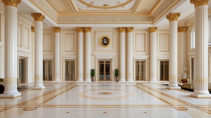 Naklejka premium Grand hall interior with marble floor and tall pillars in luxurious classical style architecture design