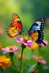 Naklejka premium Close up of two colorful butterflies nectaring on beautiful blooming flowers in a summer field, summer, butterflies, close up