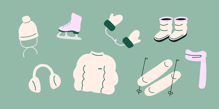 Winter wear and activity Simple Vector Illustration. Jumper, Ice Skate, Gloves, Ski boots, Earmuffs, Boots. 