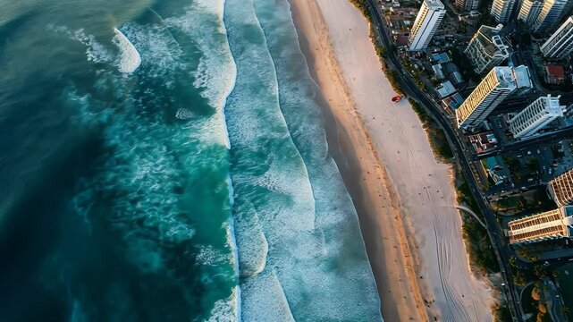 Spectacular aerial view of Durban beach and city coastline showcasing waves and sandy shore, Durban Beach Aerial Drone City Coastline