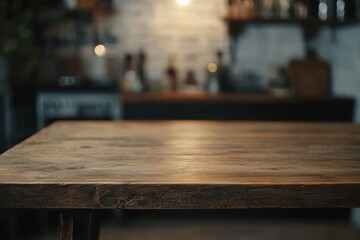 Wood table top on blur kitchen counter background