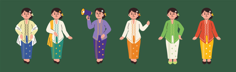 Beautiful Woman Wear Indonesia Traditional Kebaya Attire with Various Poses