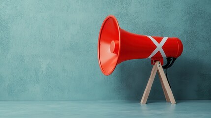Bright Red Megaphone on Wooden Stand Against a Turquoise Wall for Announcements and Communication Purposes
