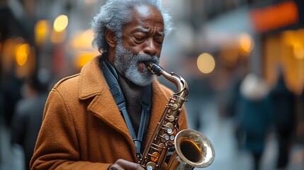 Elderly Musician Playing Saxophone in a Bustling Urban Street Scene