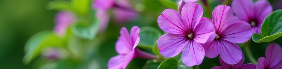 Close-up of vibrant purple flowers and green leaves in full bloom, blooming, close-up, nature