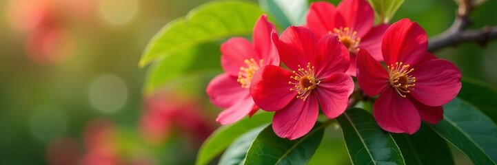 Fototapeta premium Close-up of vibrant red plum flowers in full bloom against green leaves, plum flowers, nature