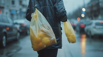 Obraz premium Person Walking in Rain with Yellow Bags of Oranges on City Street