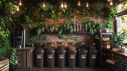 Fototapeta premium Cozy Green Coffee Shop Interior with Plants and Natural Elements