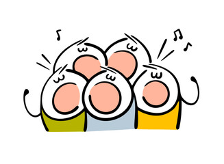 Large choir of children performs on the school stage. Vector illustration of extras at the opera in the theater. The boys are singing loudly. Isolated cartoon character on white background.