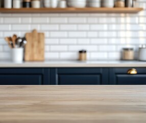 Wooden kitchen counter, blurred modern kitchen background, food display, lifestyle
