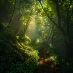 Obraz premium A Tranquil Stroll: Sunlight Dancing Through the Verdant Canopy of an Old Forest