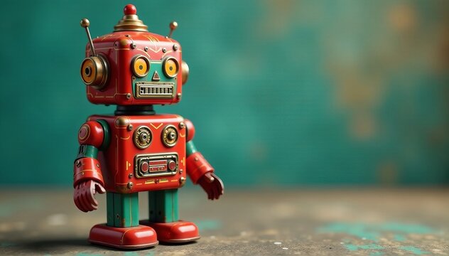 Close up of vintage tin toy robot with nostalgic charm, details, charm