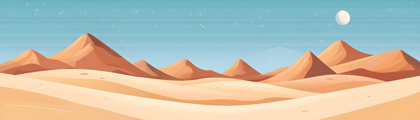 serene desert landscape illustration featuring soft sand dunes and distant mountains under clear blue sky with bright moon
