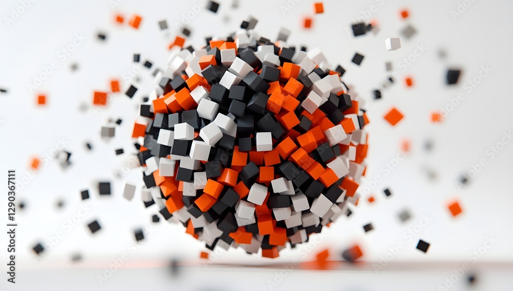Poster Exploding sphere of multicolored cubes on white background