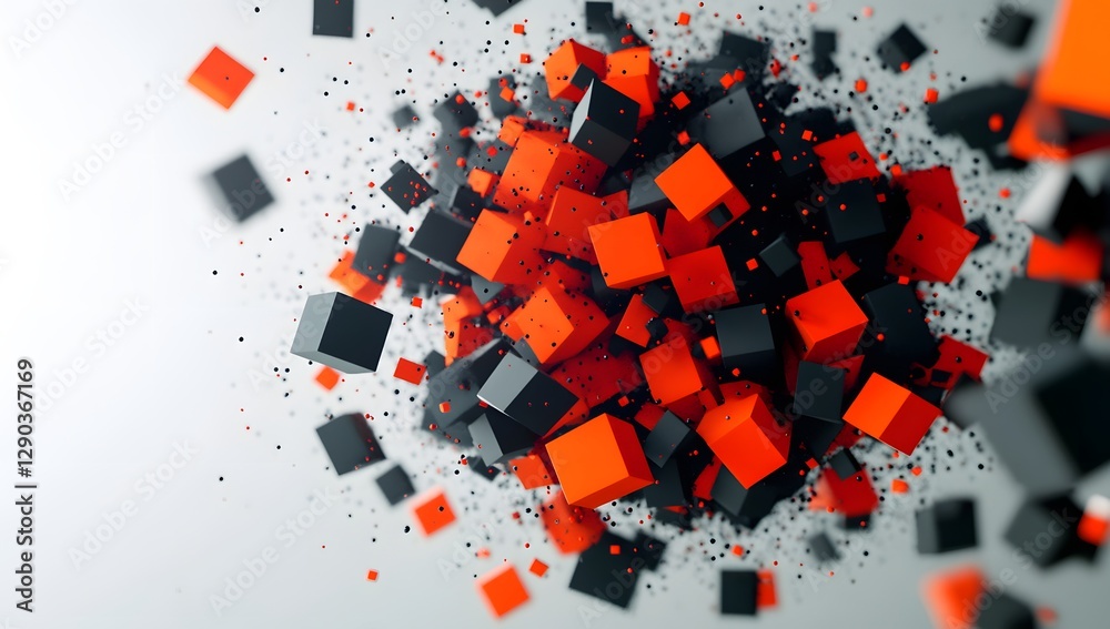Poster Exploding Abstract Cubes, White Background, Design Concept
