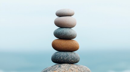 Serene Stacked Stones on a Coastal Rock with Tranquil Ocean Background in Soft Natural Light